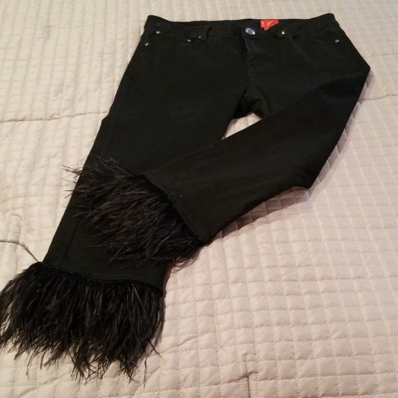 Denim - Black Capri Jean's with Feather Trim
